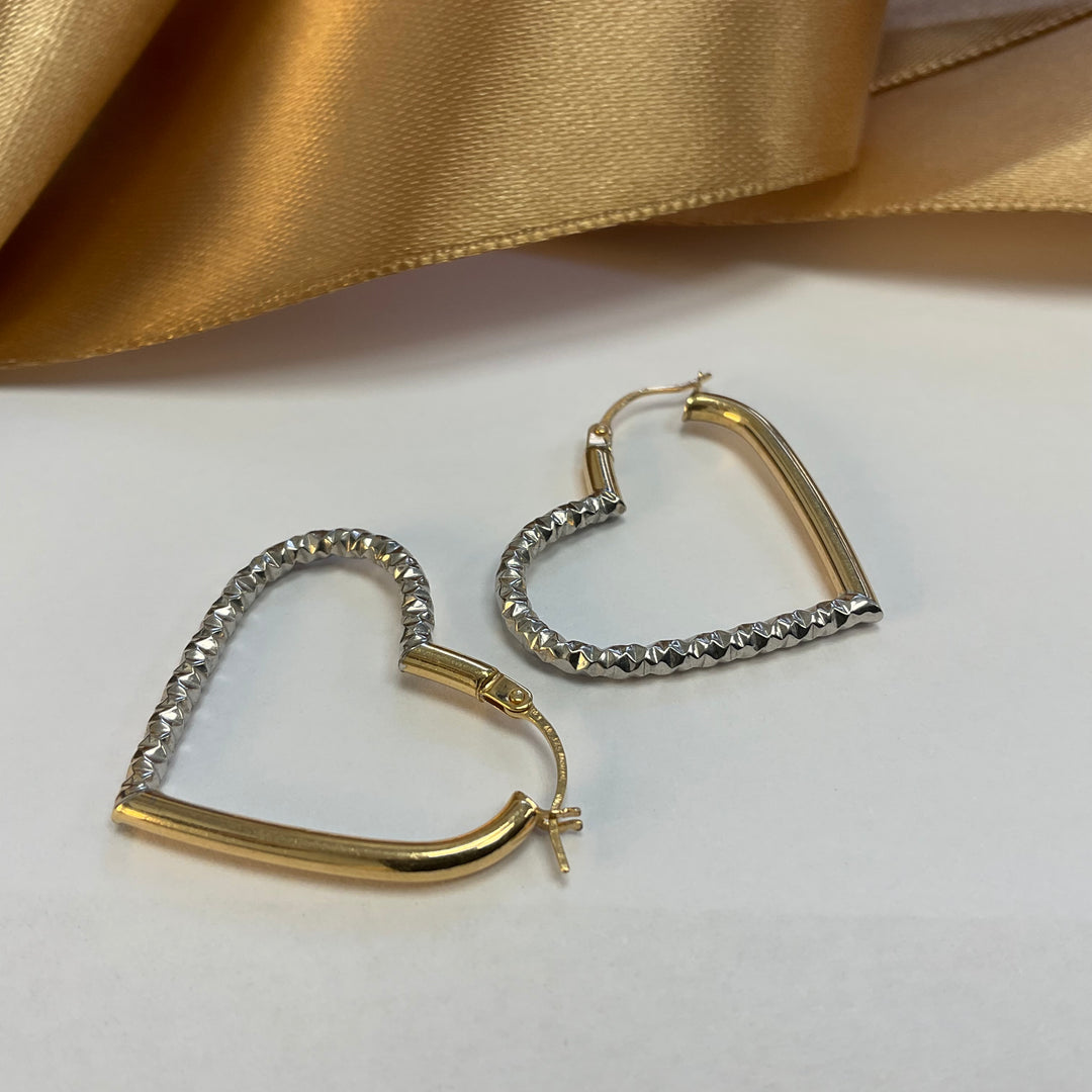 9ct Yellow & White Gold Heart Hoop Earrings