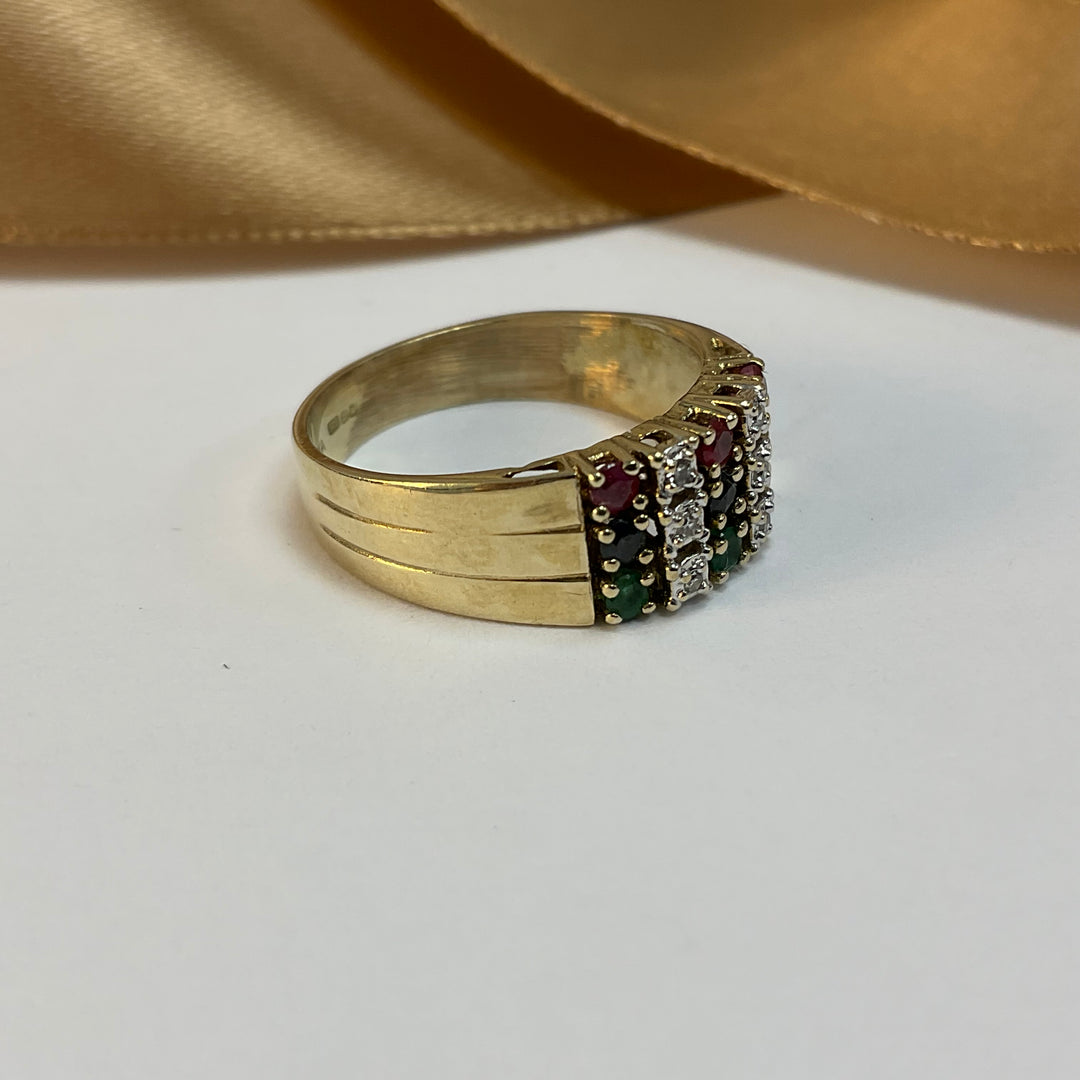 9ct Yellow Gold Ruby Diamond Sapphire Emerald Dress Ring