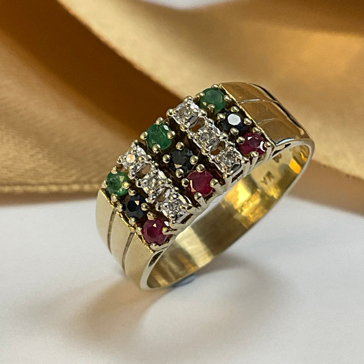 9ct Yellow Gold Ruby Diamond Sapphire Emerald Dress Ring