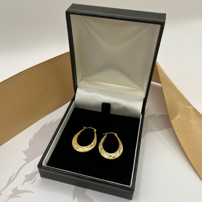 9ct Yellow Gold Engraved Creole Earrings