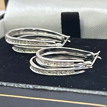 9ct White Gold Oval Diamond Hoop Earrings