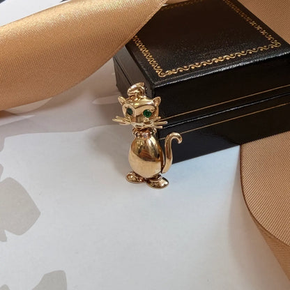9ct Yellow Gold Diamond & Emerald Cat Pendant