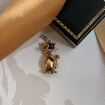 9ct Yellow Gold Diamond & Emerald Cat Pendant
