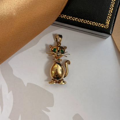 9ct Yellow Gold Diamond & Emerald Cat Pendant