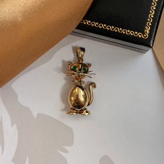 9ct Yellow Gold Diamond & Emerald Cat Pendant