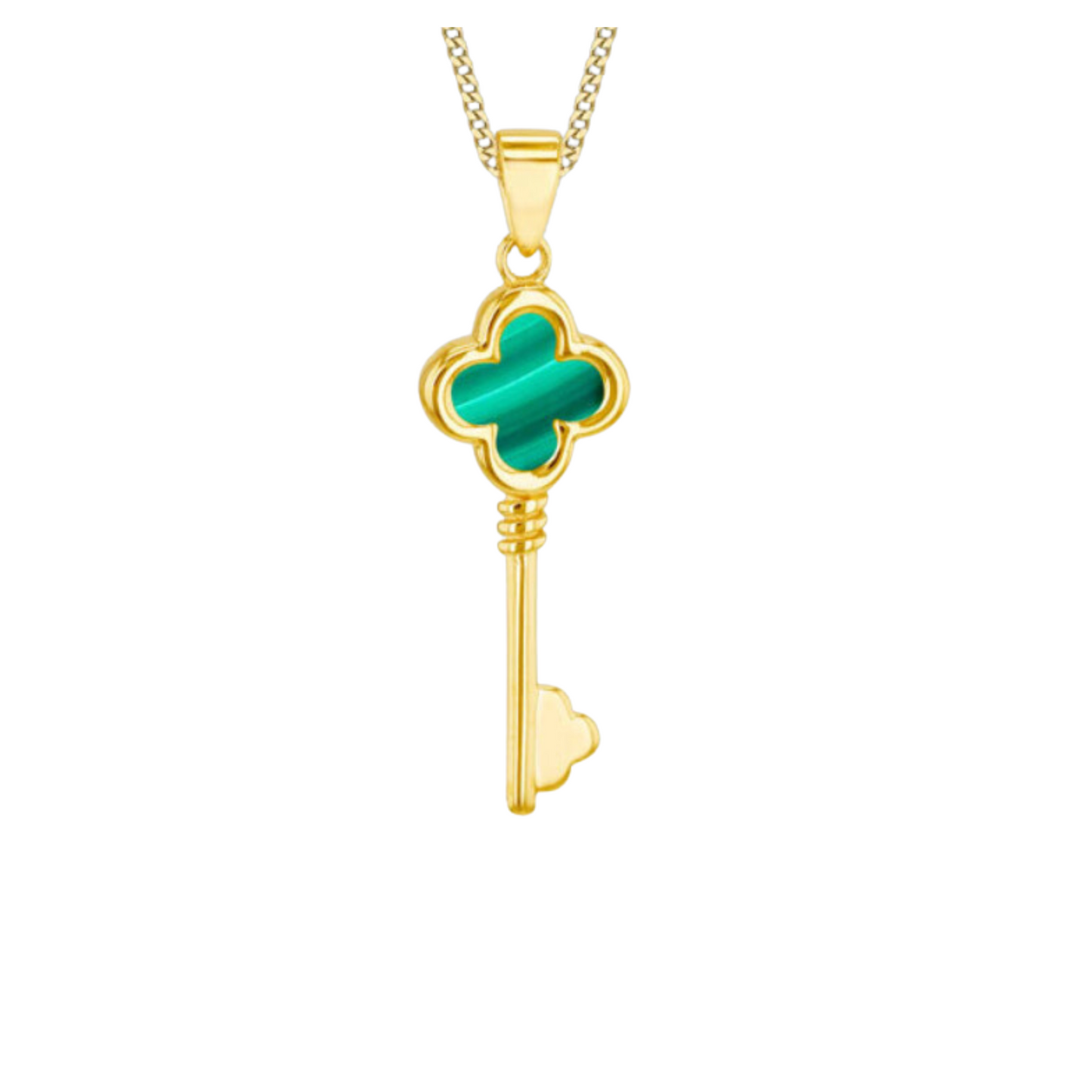 9ct Yellow Gold Stone Set Malachite Clover Key Pendant