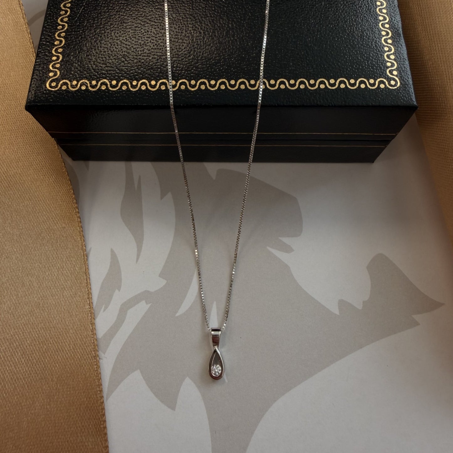 9ct White Gold Diamond Teardrop Pendant & Chain - 16 Inch