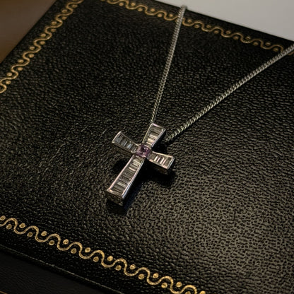 18ct White Gold Diamond & Pink Sapphire Cross Necklace – 18 Inch