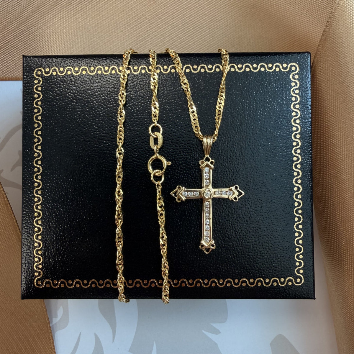 9ct Yellow Gold Diamond Cross Pendant & Chain - 16 Inch