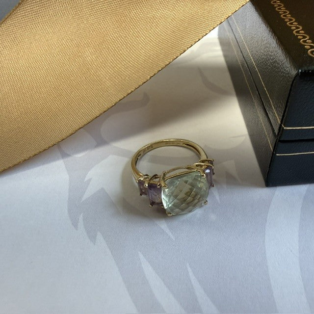 9ct Gold Faceted Peridot and Amethyst Ring