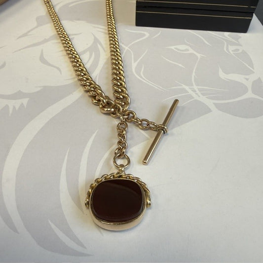 9ct Gold Graduated Albert Chain with T-Bar and Carnelian Fob