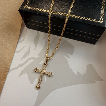 9ct Yellow Gold Diamond Cross Pendant & Chain - 16 Inch