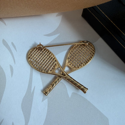 Vintage 9ct Yellow Gold Crossed Tennis Rackets Brooch