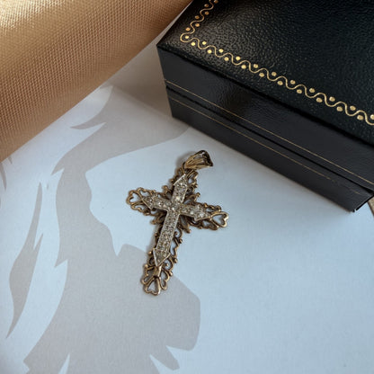 Vintage 9ct Yellow Gold Diamond Cross Pendant