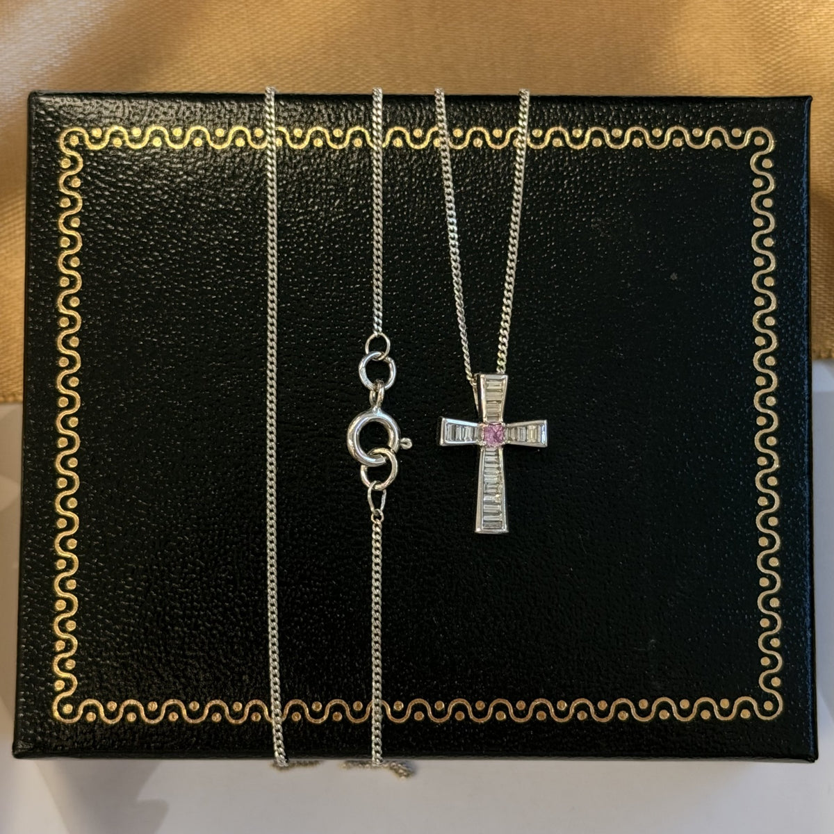 18ct White Gold Diamond & Pink Sapphire Cross Necklace – 18 Inch
