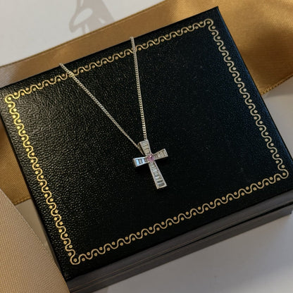 18ct White Gold Diamond & Pink Sapphire Cross Necklace – 18 Inch