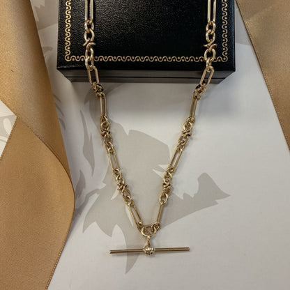 9ct Yellow Gold Trombone Link Albert Chain with T-Bar - 20 Inch