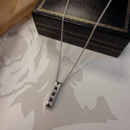 9ct White Gold Sapphire and Diamond Bar Pendant & Chain - 16 Inch