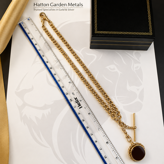9ct gold Graduated Albert Chain with T-Bar and Carnelian Fob