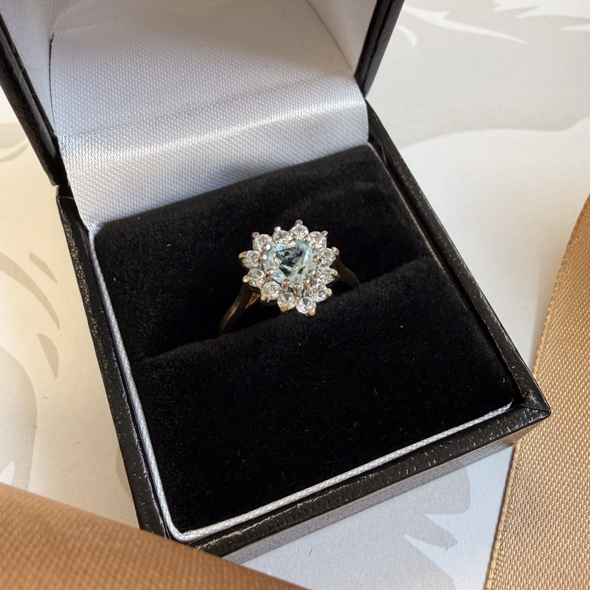 9ct Yellow Gold Pale Blue Heart Cluster Ring