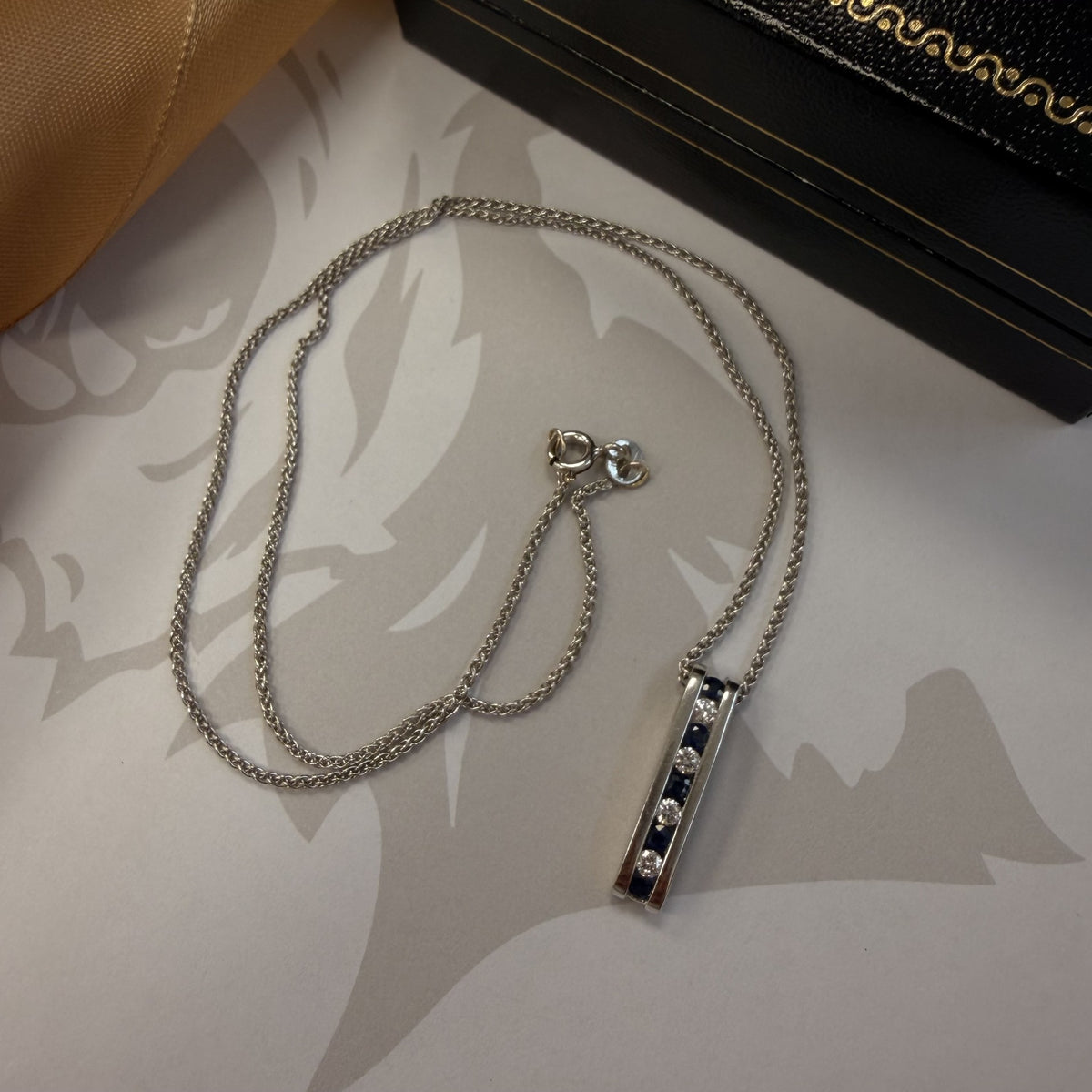9ct White Gold Sapphire and Diamond Bar Pendant & Chain - 16 Inch