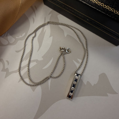 9ct White Gold Sapphire and Diamond Bar Pendant & Chain - 16 Inch
