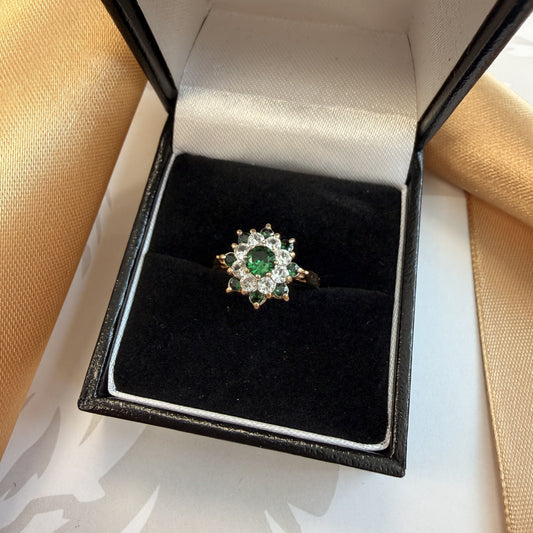 9ct Yellow Gold Green & Clear Cubic Zirconia Cluster Ring