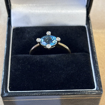 9ct Gold Blue Topaz Diamond Stone Ring