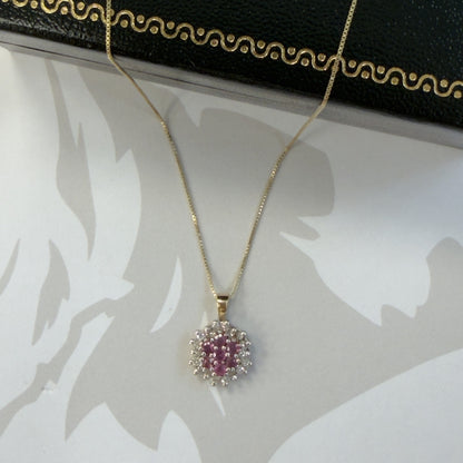 9ct Yellow Gold Pink Sapphire and Diamond Cluster Necklace - 18 Inch