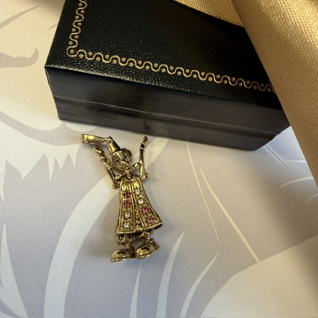 9ct Gold Articulated Clown Pendant Gemset Clown