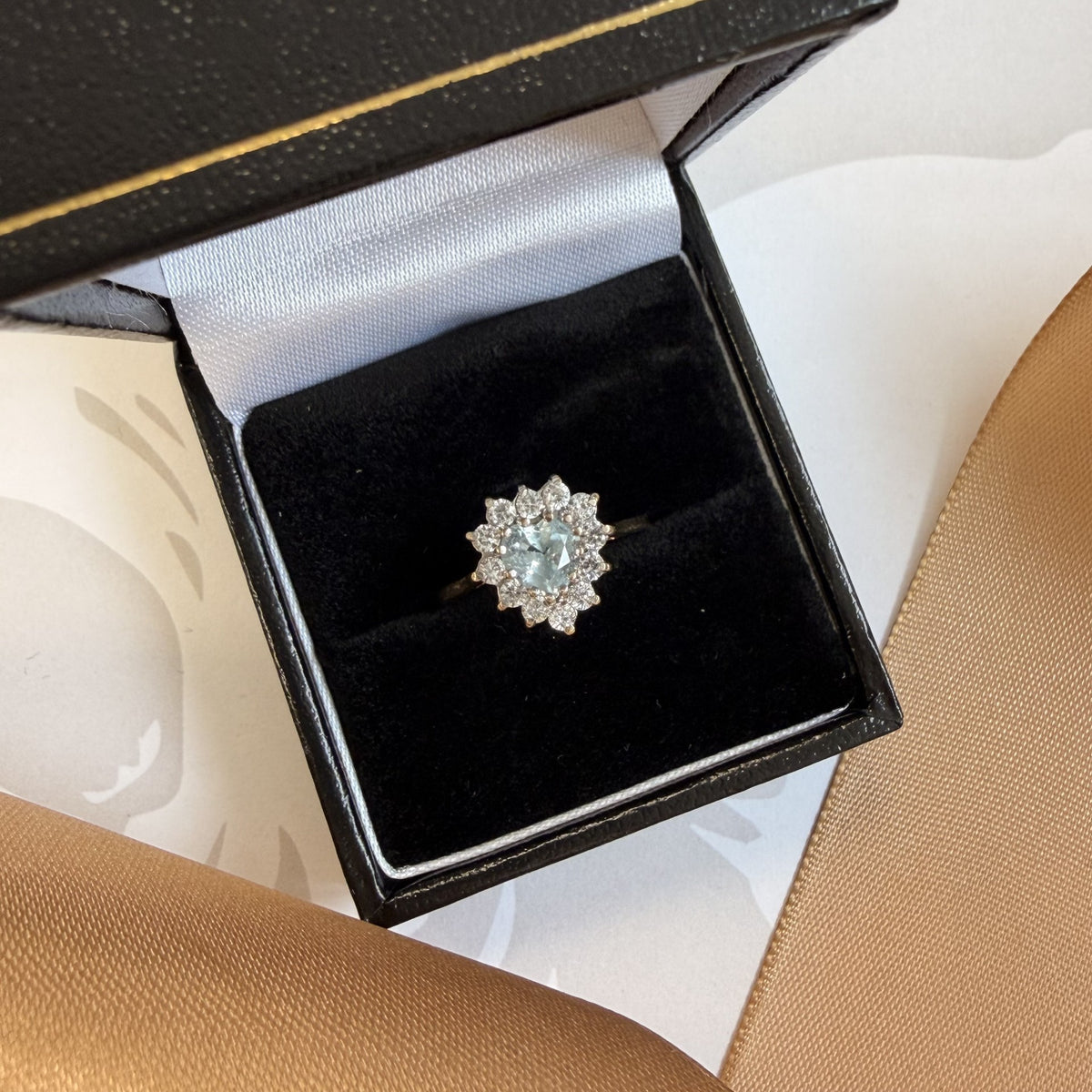 9ct Yellow Gold Pale Blue Heart Cluster Ring