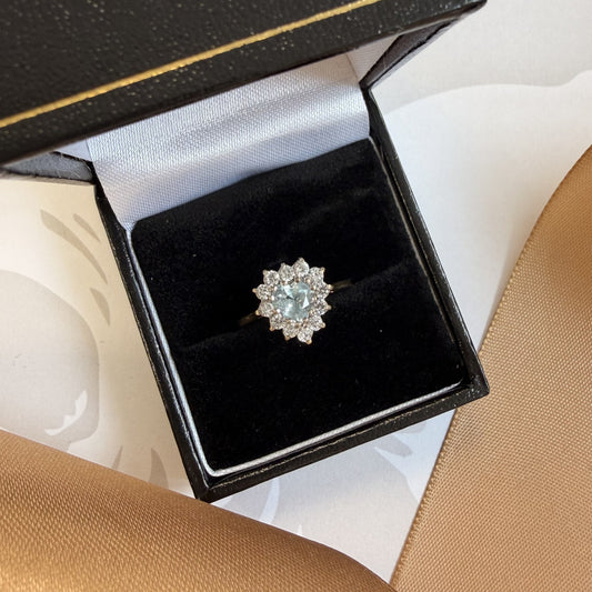 9ct Yellow Gold Pale Blue Heart Cluster Ring