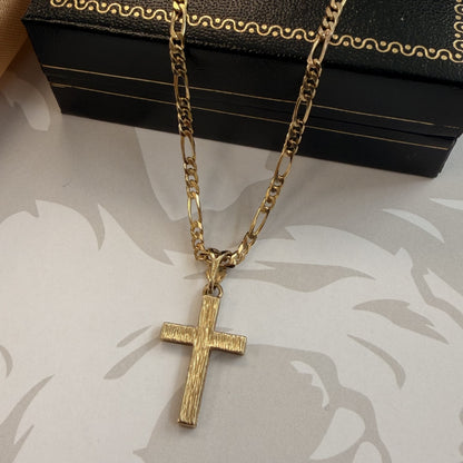 9ct Yellow Gold Engraved Cross Pendant Necklace - 19 Inch