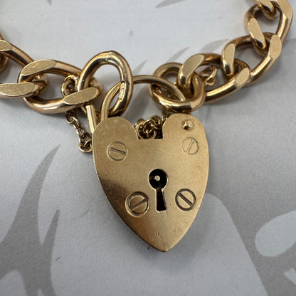 9ct Gold Curb Link Heart Padlock Charm Bracelet