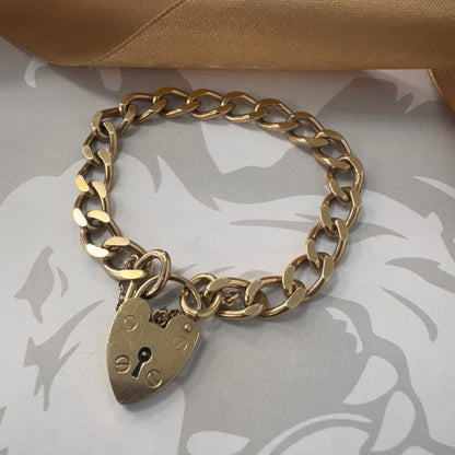 9ct Gold Curb Link Heart Padlock Charm Bracelet