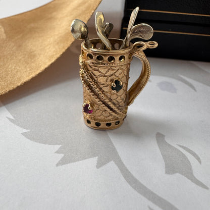 9ct Yellow Gold Golf Bag Charm Pendant with Movable White Gold Golf Clubs