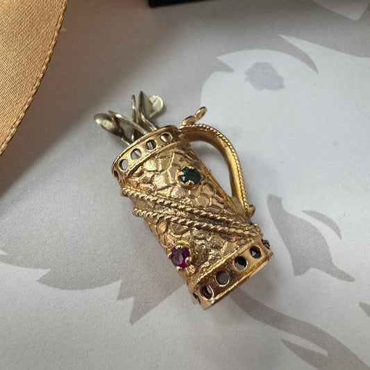 9ct Yellow Gold Golf Bag Charm Pendant with Movable White Gold Golf Clubs