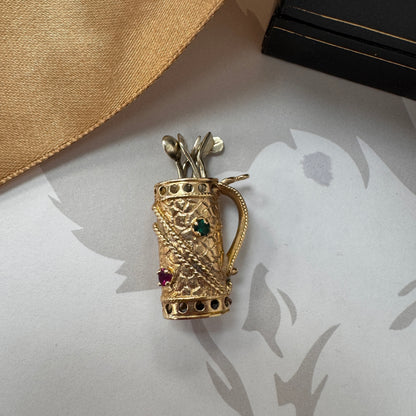 9ct Yellow Gold Golf Bag Charm Pendant with Movable White Gold Golf Clubs