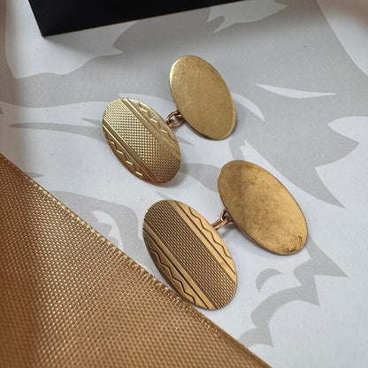 9ct Gold Patterned Oval Cufflinks With Chain