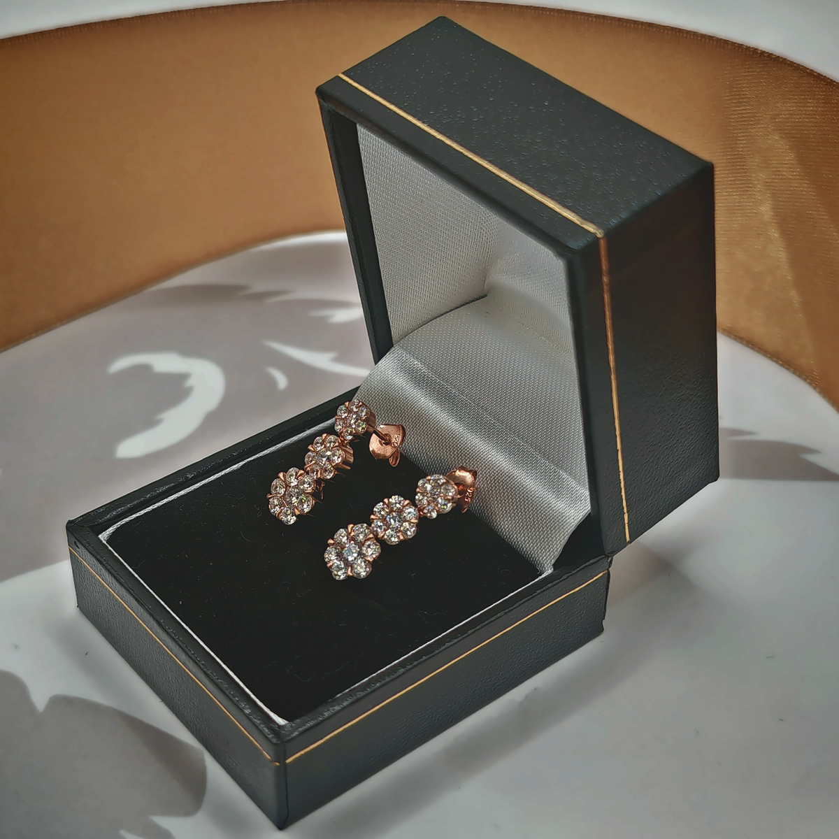 Rose Gold Tone CZ Triple Flower Drop Stud Earrings – view 3