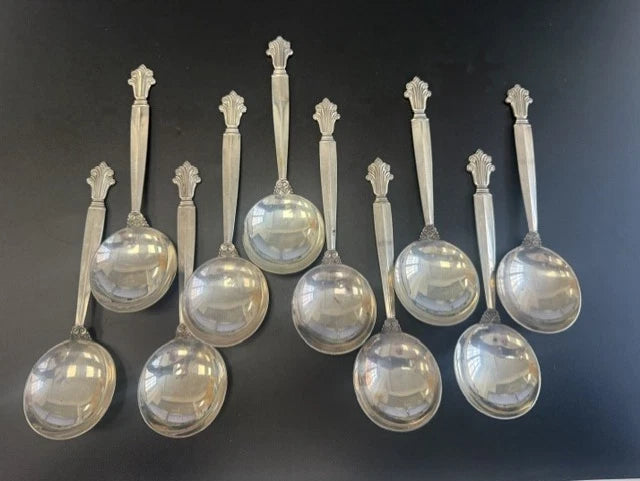 10 x Georg Jensen Sterling Silver Acanthus Soup Spoons London Import Hallmarks