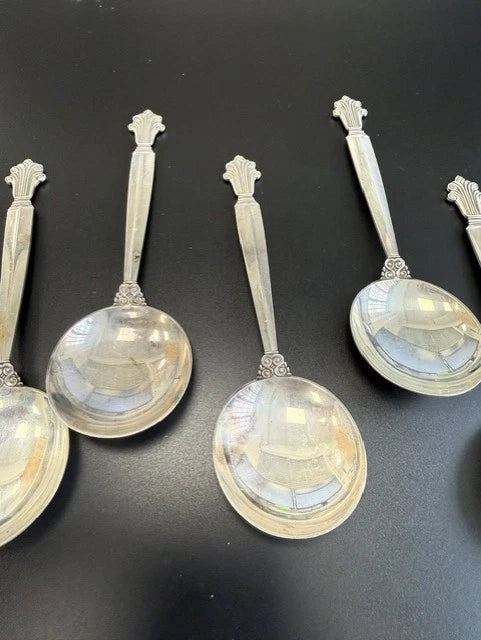 10 x Georg Jensen Sterling Silver Acanthus Soup Spoons London Import Hallmarks